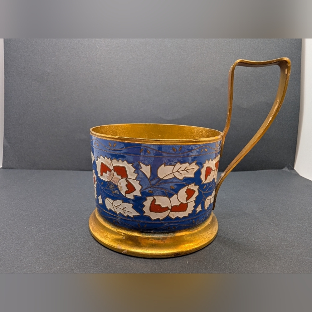 Antique Blue and Gold Floral Tea Glass Holder